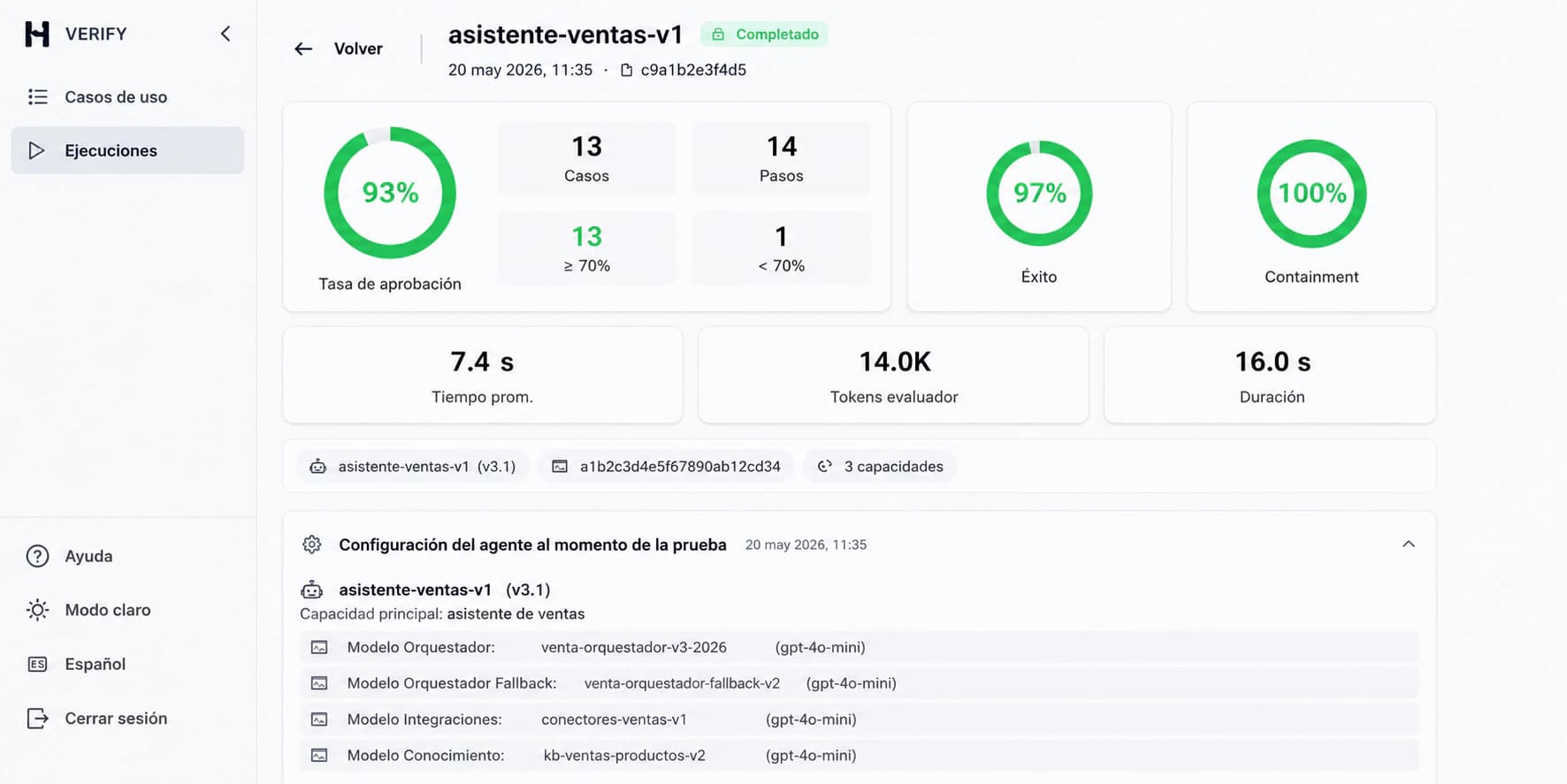 Heynow Verify: relatório de uma execução de testes sobre um agente, com taxa de aprovação, sucesso e containment.