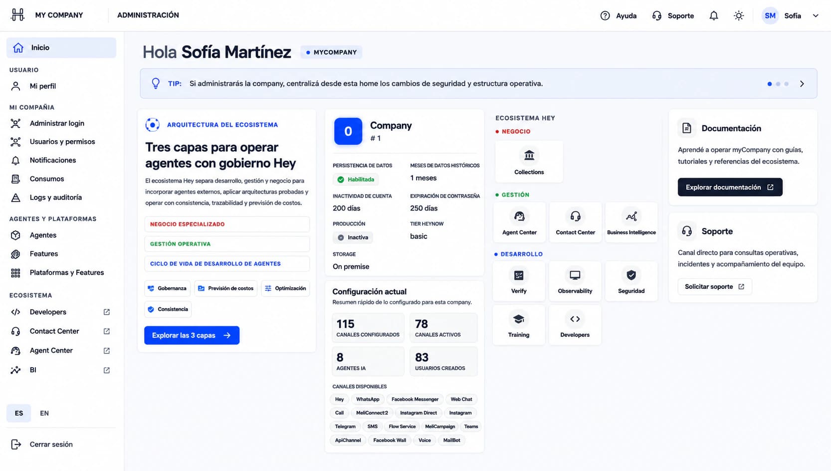 Painel de administração da Heynow: as plataformas do ecossistema, os canais conectados e a configuração da empresa.